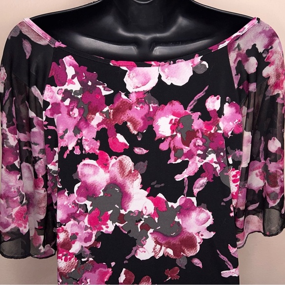 Large Susan Lawrence Blouse Short Sleeve Black Fuchsia Pink Floral Stretch - Picture 8 of 12